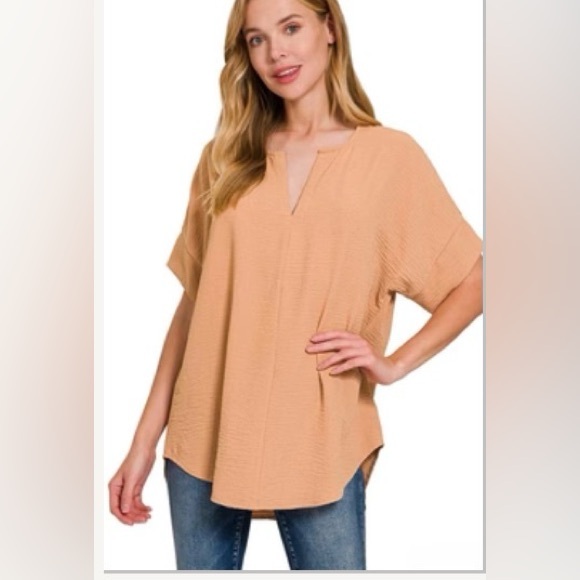 Zenana Outfitters Tops - Zenana Woven Airflow Split Neck Short Sleeve Top Size L